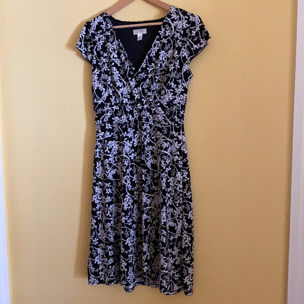 Ann Taylor Loft black print flutter-sleeve dress.